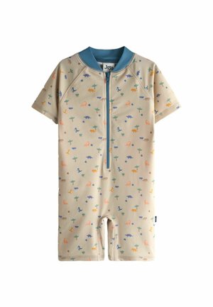 Beige kortærmet romper med lynlås foran, blå krave og farverigt print af dinosaurer og planter over det hele.