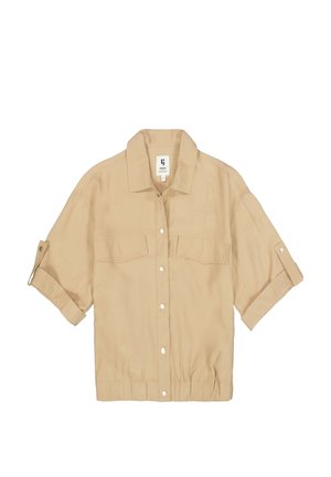 Chemise beige à manches courtes avec fermeture boutonnée sur le devant, deux poches poitrine et une taille élastique. Confectionnée dans un tissu léger.