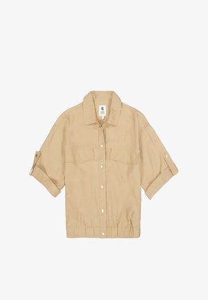 Short-sleeve beige shirt with a button-down front, two chest pockets, and an elastic waistband. Made from a lightweight fabric.