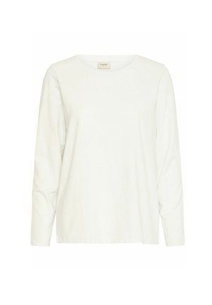 Biała koszulka z długim rękawem, wykonana z bawełny, z okrągłym dekoltem, swobodnym krojem i gładką fakturą. Prosty design bez wzorów czy akcentów.