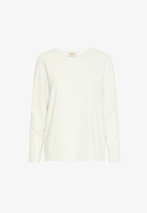 Biała koszulka z długim rękawem, wykonana z bawełny, z okrągłym dekoltem, swobodnym krojem i gładką fakturą. Prosty design bez wzorów czy akcentów.