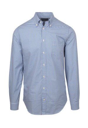 Blauw-witte geblokte overhemd met lange mouwen, van katoen, klassieke kraag, voorzak en witte knopen.