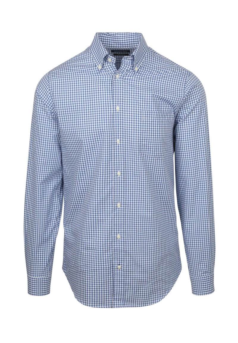 Blauw-witte geblokte overhemd met lange mouwen, van katoen, klassieke kraag, voorzak en witte knopen.