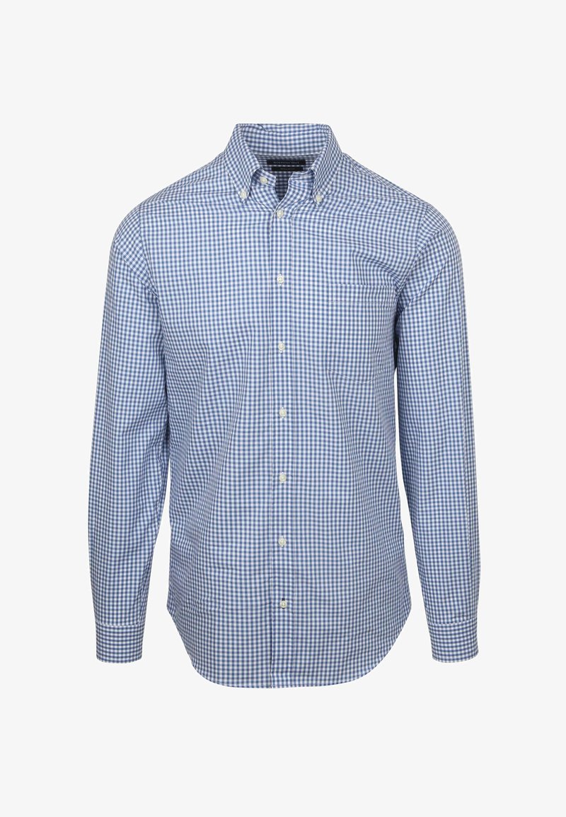 Blauw-witte geblokte overhemd met lange mouwen, van katoen, klassieke kraag, voorzak en witte knopen.