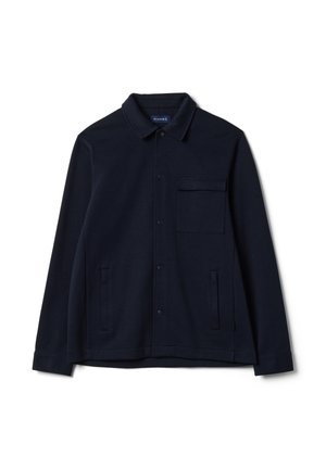 Navy blue long-sleeve jacket with collar, front snap buttons, one chest pocket with flap, and two side pockets.