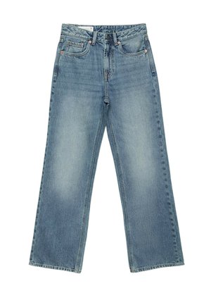 Jean en denim bleu avec une taille haute, des jambes droites, des poches avant, des passants de ceinture et une fermeture par bouton et zip.
