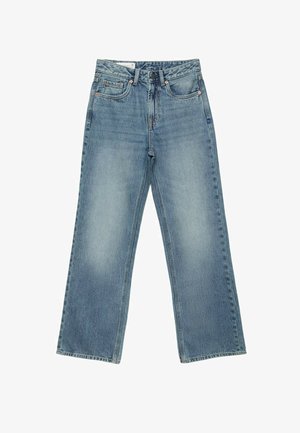 Blaue Jeans aus Denim mit hoher Taille, geraden Beinen, Fronttaschen, Gürtelschlaufen und Knopf- sowie Reißverschluss.