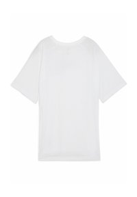 Hvid kortærmet t-shirt med rund halsudskæring og et glat, let materiale. Bagsiden viser et enkelt, rent design.