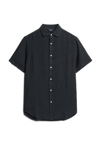 Camicia a maniche corte con bottoni in tessuto testurizzato blu scuro, dotata di colletto e sei bottoni bianchi sul davanti. Orlo arrotondato.