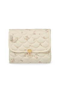 Quilted cream fabric pouch with floral pattern, rounded edges, and a gold button closure; features subtle texture and stitching details.