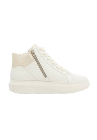 High-top sneaker in white leather with a textured beige heel, featuring a side zipper, white laces, and a thick, cushioned sole.