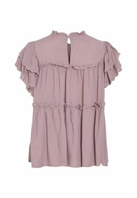 Blusa corta a maniche corte di un delicato viola chiaro con rifiniture arricciate, apertura a chiave sul retro e strati arricciati, realizzata in un morbido e leggero tessuto.