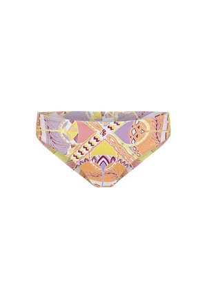 Multikleurrige bikini bodem met geometrische en bloemmotieven, gemaakt van rekbaar materiaal met een low-rise tailleband.