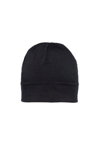 Zwarte gebreide beanie met een ronde bovenkant, elastische band aan de basis en zonder zichtbare patronen of hardwaredetails. Zachte textuur.