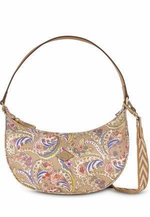 Bolso pequeño en forma de media luna con un patrón floral de cachemira beige, asa corta de cuero y correa desmontable con patrón de chevron.