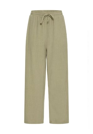 Lysgrønne vidde bukser lavet af blød stof. Har en elastisk talje med snor og glat overflade. Ingen lommer eller mønstre.