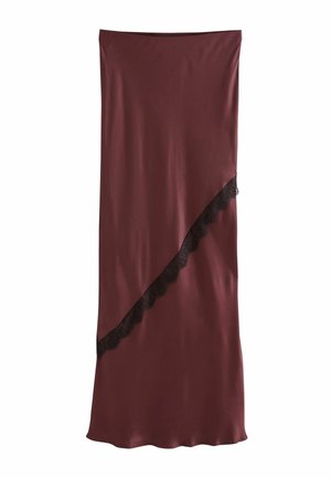 Bourgogne satin nederdel med diagonal sort blonder trim foran, knælængde og lige snit.