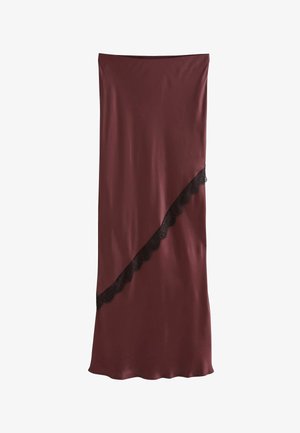 Bourgogne satin nederdel med diagonal sort blonder trim foran, knælængde og lige snit.