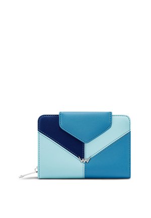 Blue leather wallet with geometric pattern in light and dark shades. Features a flap closure and metal logo accent on the front.