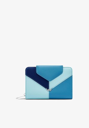 Blue leather wallet with geometric pattern in light and dark shades. Features a flap closure and metal logo accent on the front.