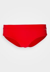 Parte de baixo de biquíni vermelho com textura suave, design de cobertura moderada e faixa elástica na cintura. Apresenta uma pequena etiqueta de logotipo na lateral.
