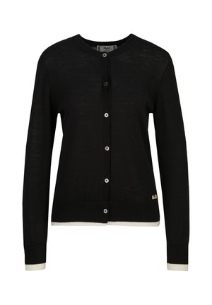 Schwarzer langärmeliger Cardigan mit Knöpfen, weißen Bündchen und Saum, rundem Halsausschnitt und kleinem goldenen Logo unten vorne rechts.