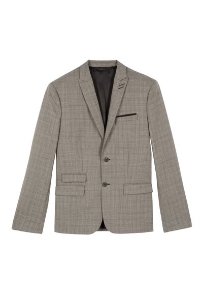 Grau kariertes Blazer mit Revers, Zwei-Knopf-Verschluss und seitlichen Taschen. Futterausstattung mit einer Brusttasche und schwarzem Akzent.