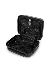 Valise rigide noire avec double zip, sangles intérieures et doublure à motifs comportant des éléments de marque et des graphiques de vol.