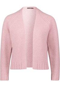 Cardigan en tricot rose pâle à ouverture avant, manches longues, poignets et ourlet côtelés, conçu pour une coupe décontractée.