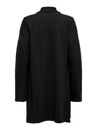 Veste noire à manches longues avec un col haut, vue de dos, présentant un tissu simple et lisse ainsi qu'un ourlet droit.