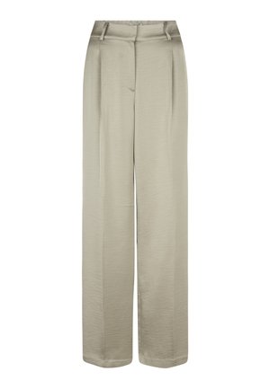 Lichtbeige wijde broek met een gladde, gemarmerde afwerking, voorzien van voorplooien en zijzakken. Recht gesneden pijpen en een tailleband.