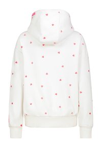 White hooded sweatshirt with small scattered red heart patterns, ribbed cuffs, and waistband, shown from the back.