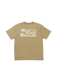 Beige cotton t-shirt with a crew neck and short sleeves, featuring a white graphic design of a palm tree and the word "Rvca" printed on the back.