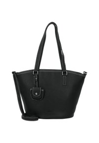 Zwarte faux leren tote bag met een gestructureerde afwerking, witte stiksels, twee schouderbanden, een klein voorvak en een afneembare crossbody strap.