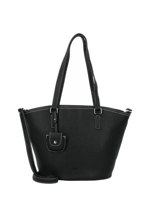 Schwarze synthetische Leder-Tote-Bag mit strukturierter Oberfläche, weißen Nähten, zwei Schulterriemen, einer kleinen Fronttasche und einem abnehmbaren Crossbody-Riemen.