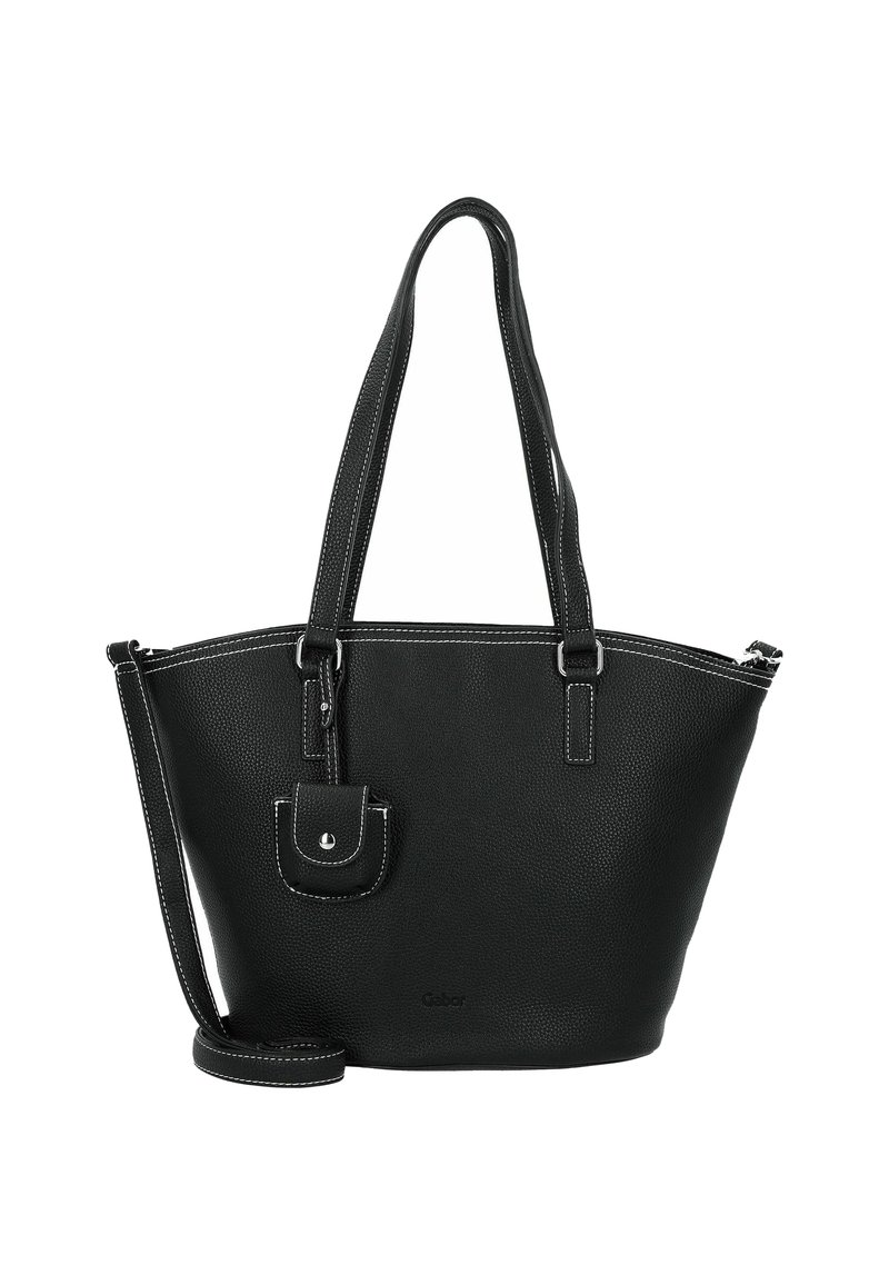 Zwarte faux leren tote bag met een gestructureerde afwerking, witte stiksels, twee schouderbanden, een klein voorvak en een afneembare crossbody strap.