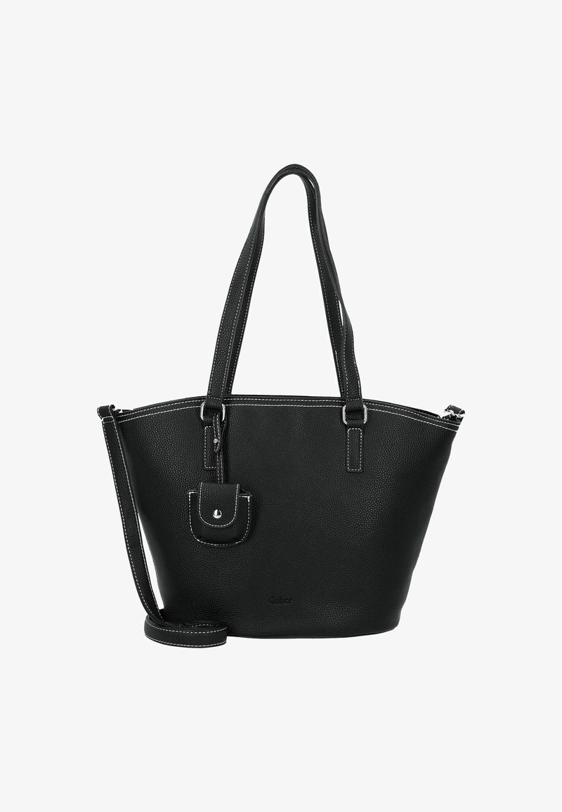 Schwarze synthetische Leder-Tote-Bag mit strukturierter Oberfläche, weißen Nähten, zwei Schulterriemen, einer kleinen Fronttasche und einem abnehmbaren Crossbody-Riemen.