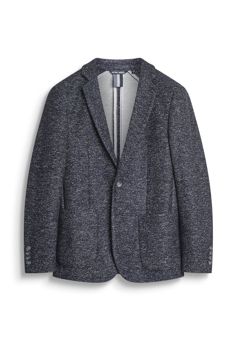 Mornarica sako s teksturiranim, točkastim materijalom. Ima izrezani ovratnik, dva prednja džepa i manžete na botunima, te čistu unutrašnju podstavu.