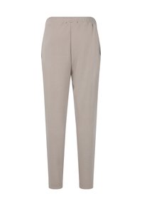 Lichtbeige joggerbroeken met een elastische taille, twee zijzakken, taps toelopende pijpen en een gladde, zachte textuur.