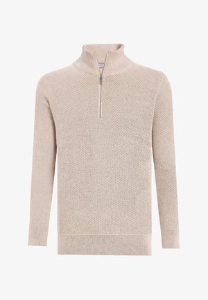 Beiger Strickpullover mit Viertelreißverschluss, hohem Kragen, strukturiertem Muster sowie gerippten Bündchen und Saum. Weicher Stoff mit lässigem Design.