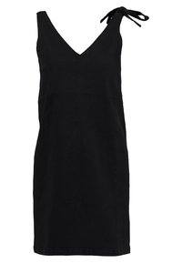 Svart utanärmad klänning med V-ringning och justerbar knytning på ena axeln. Enkelt mönster med rak skärning och mjuk textur.
