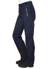 Marint blå, vattentäta byxor med rak passform, utrustade med cargo-fickor, dragkedja och förstärkta svarta manschetter. Hållbart tyg med slät textur.