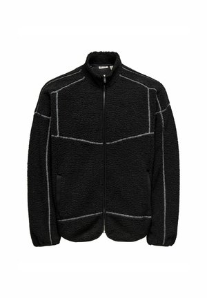 Zwarte fleece jas met hoge kraag, voorrits, twee zijzakken en contrasterende witte stikpatronen over het ontwerp.