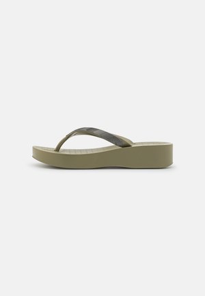 Single olive-green platform flip-flop with textured sole and gray patterned thong strap on a white background.