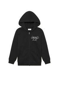 Svart zip-up hettegenser laget av myk stoff med snorhette. Forsiden har hvit skriftlogo "Les Deux NY, NY" og sidelommer.