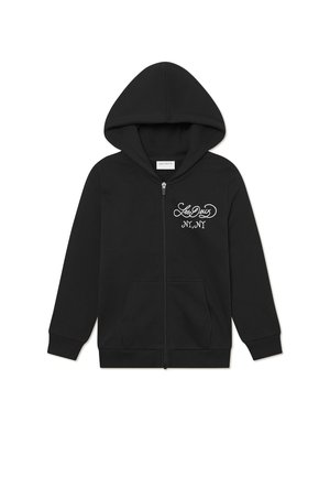 Black zip-up hoodie made of soft fabric featuring a drawstring hood. Front has white script logo "Les Deux NY, NY" and side pockets.