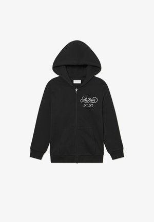 Black zip-up hoodie made of soft fabric featuring a drawstring hood. Front has white script logo "Les Deux NY, NY" and side pockets.