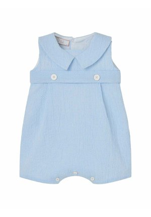 Barboteuse bébé sans manches bleu clair avec large col, deux boutons sur la bande de la poitrine et trois boutons au bas pour la fermeture.