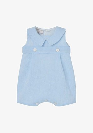 Barboteuse bébé sans manches bleu clair avec large col, deux boutons sur la bande de la poitrine et trois boutons au bas pour la fermeture.