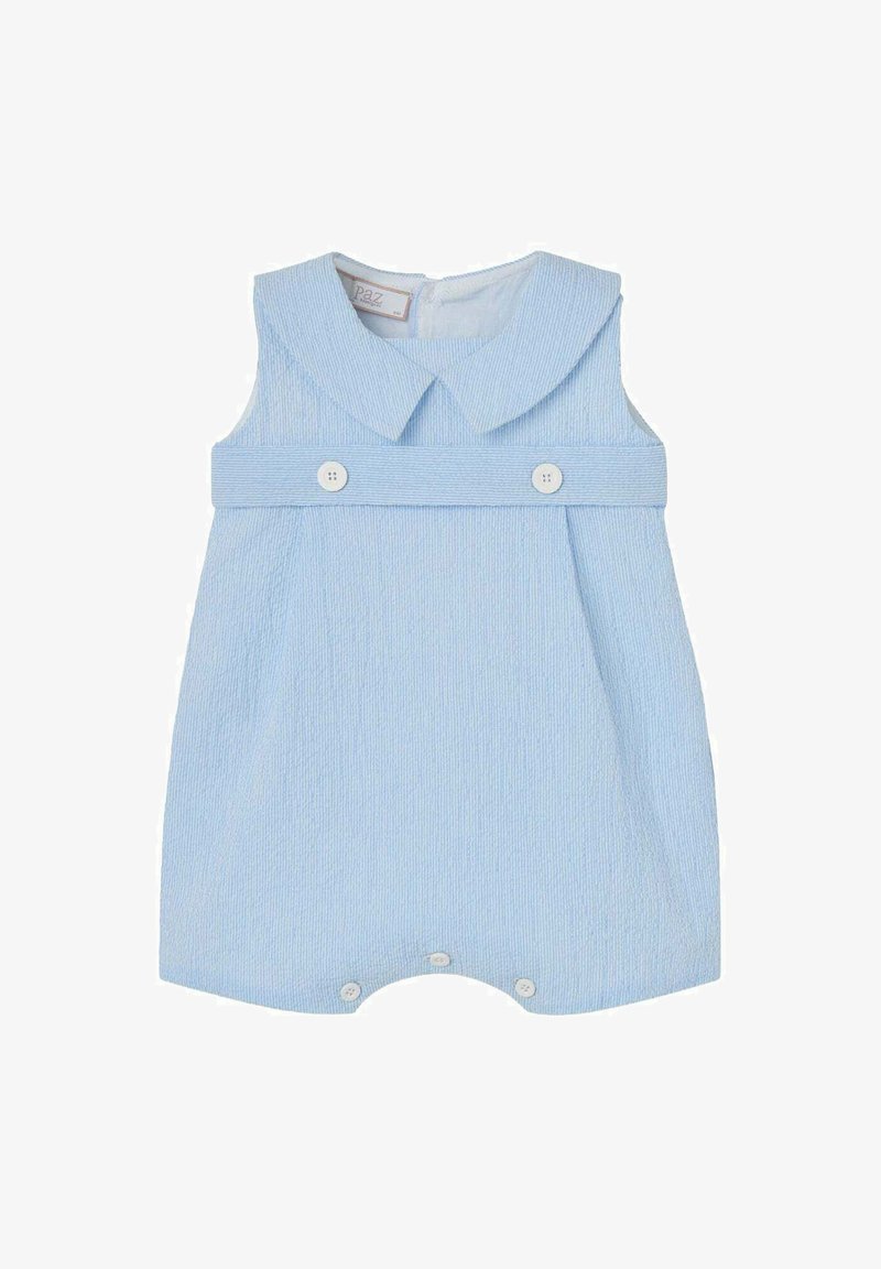 Tutina leggera azzurro chiaro senza maniche con ampio colletto, due bottoni sulla fascia del petto e tre bottoni sul fondo per la chiusura.